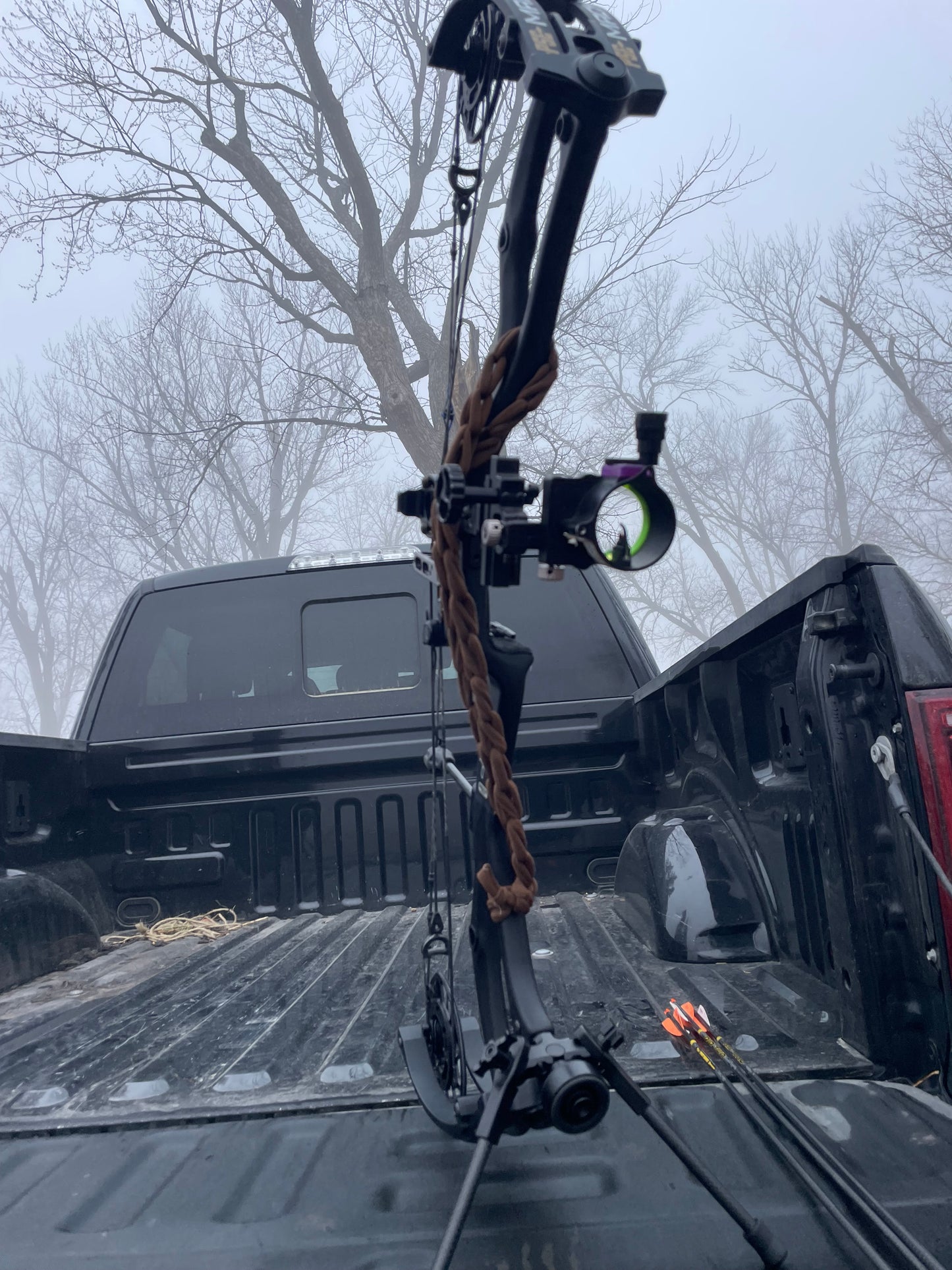 Compound bow with elastic bow sling on back side of riser.