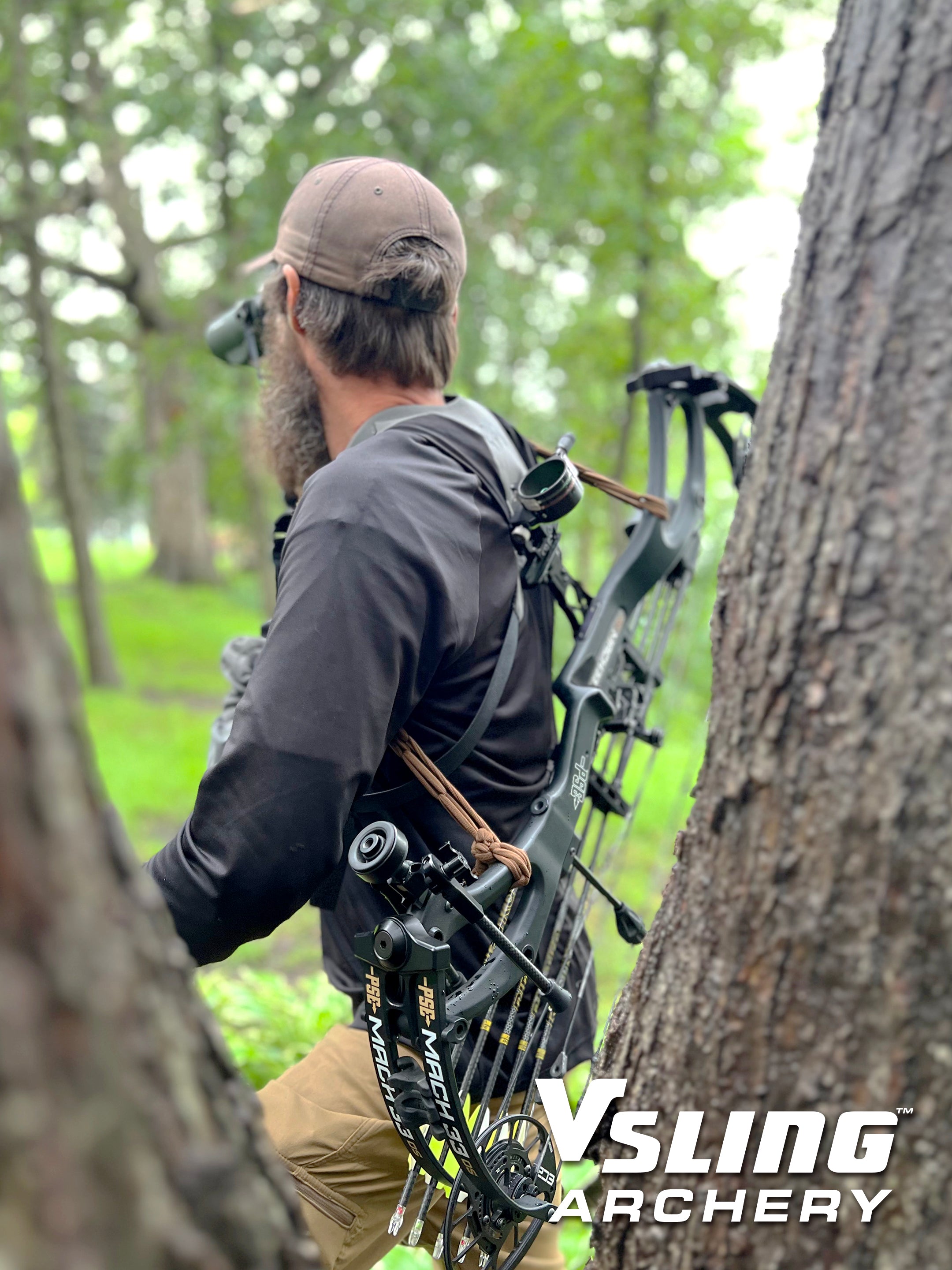 Man with a bow and quiver in a forest setting, with 'Vsling Archery' branding.