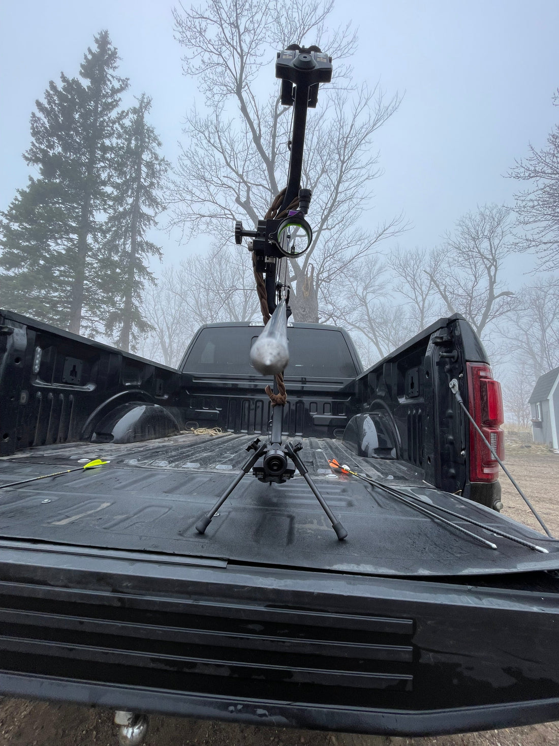 Vsling® elastic bow sling installed on compound bow — shoot-ready carry