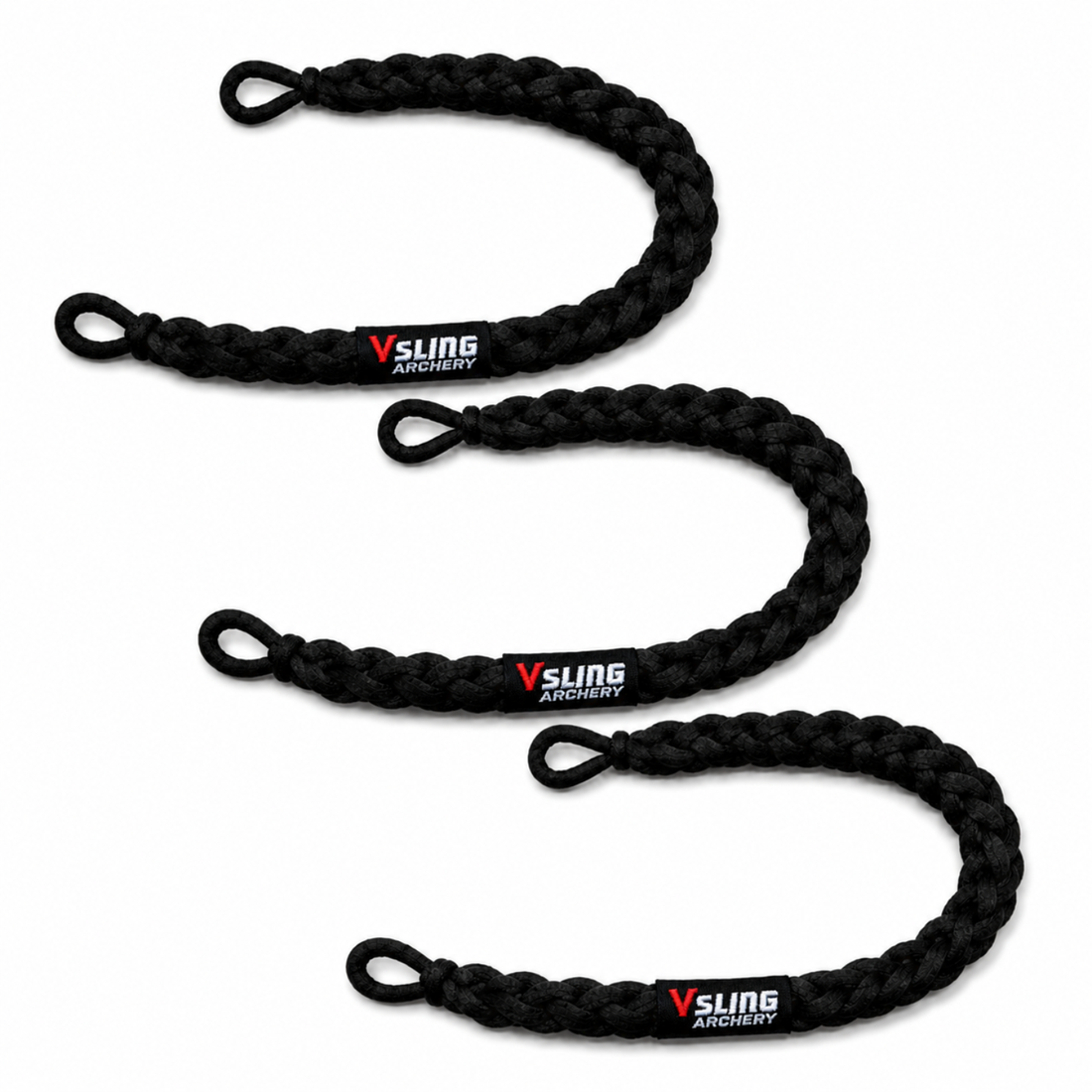 Vsling bow sling size guide showing fit on Mathews, Hoyt, and Bear compound bows.