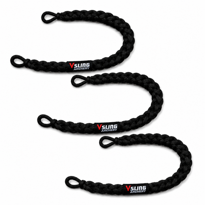 Vsling bow sling size guide showing fit on Mathews, Hoyt, and Bear compound bows.