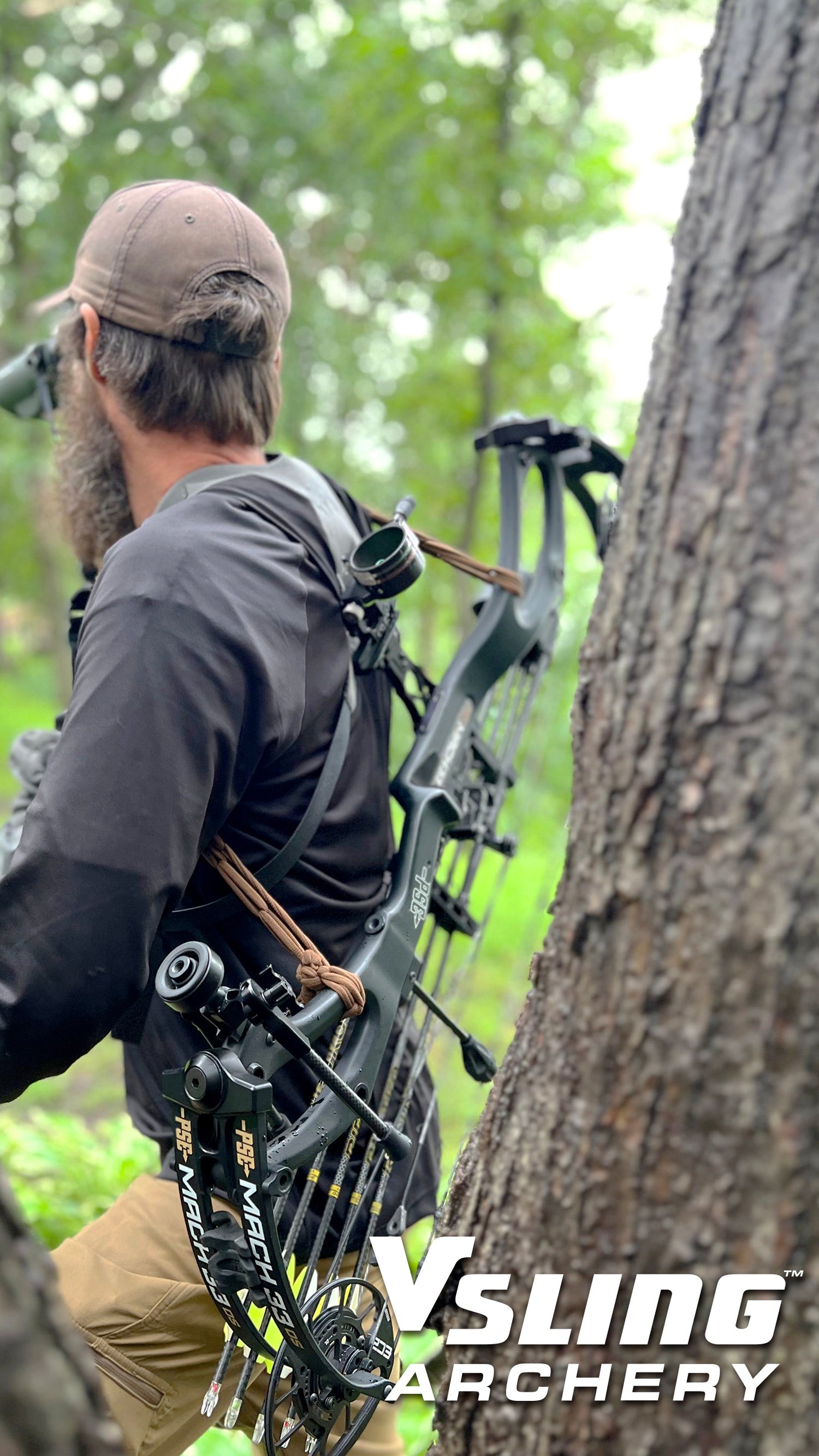 Man with a bow and quiver in a forest setting, with 'Vsling Archery' branding.