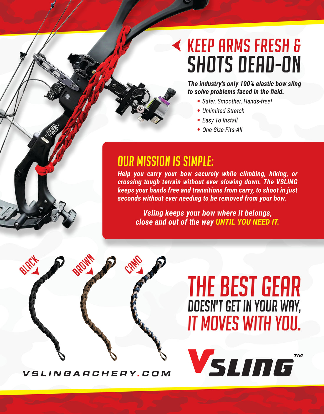 Vsling® Bow Sling color variants — Black, Brown, Camouflage, and Red