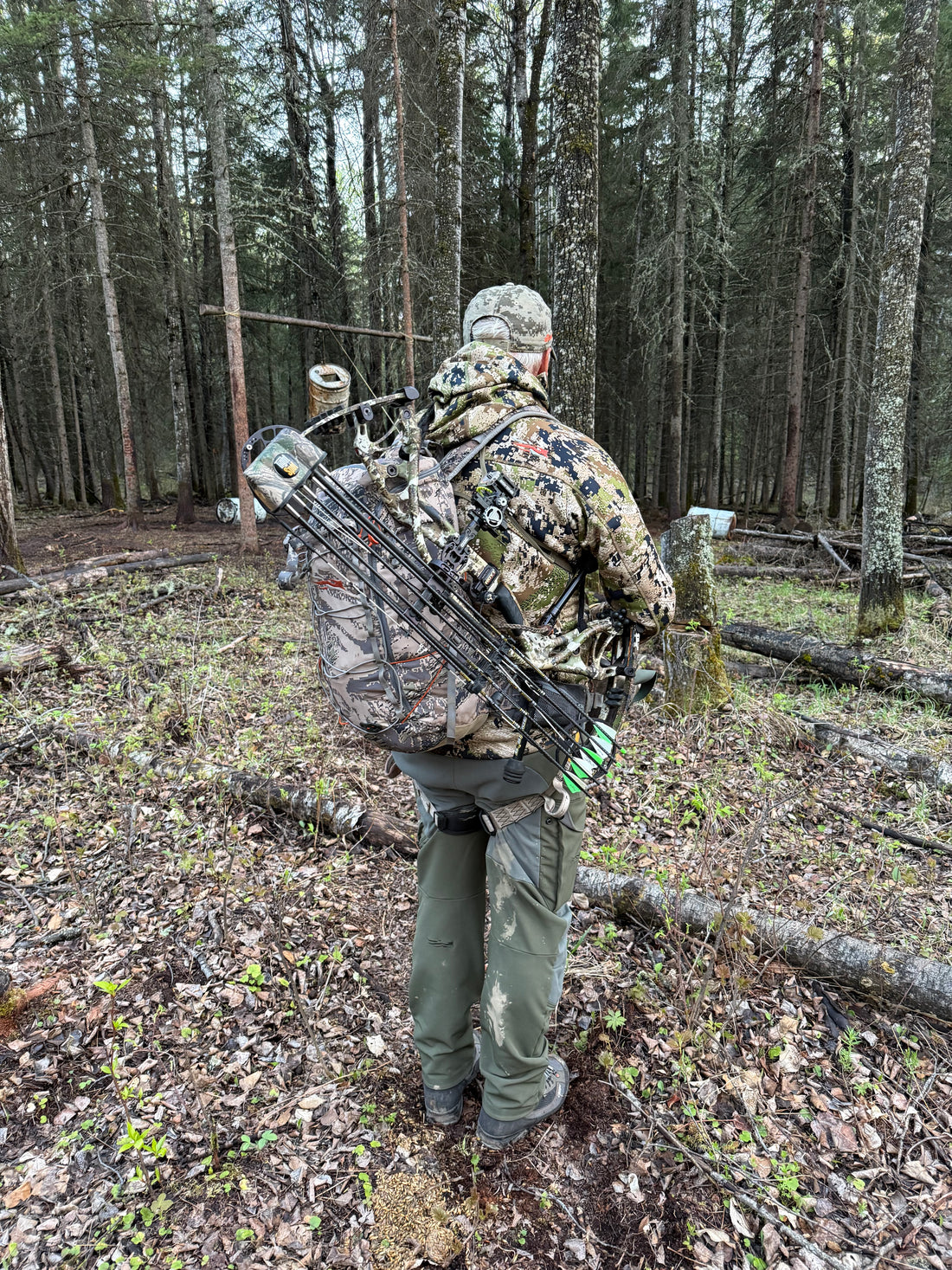 Canadian bowhunter on backcountry hunt with Vsling® hands-free bow carry