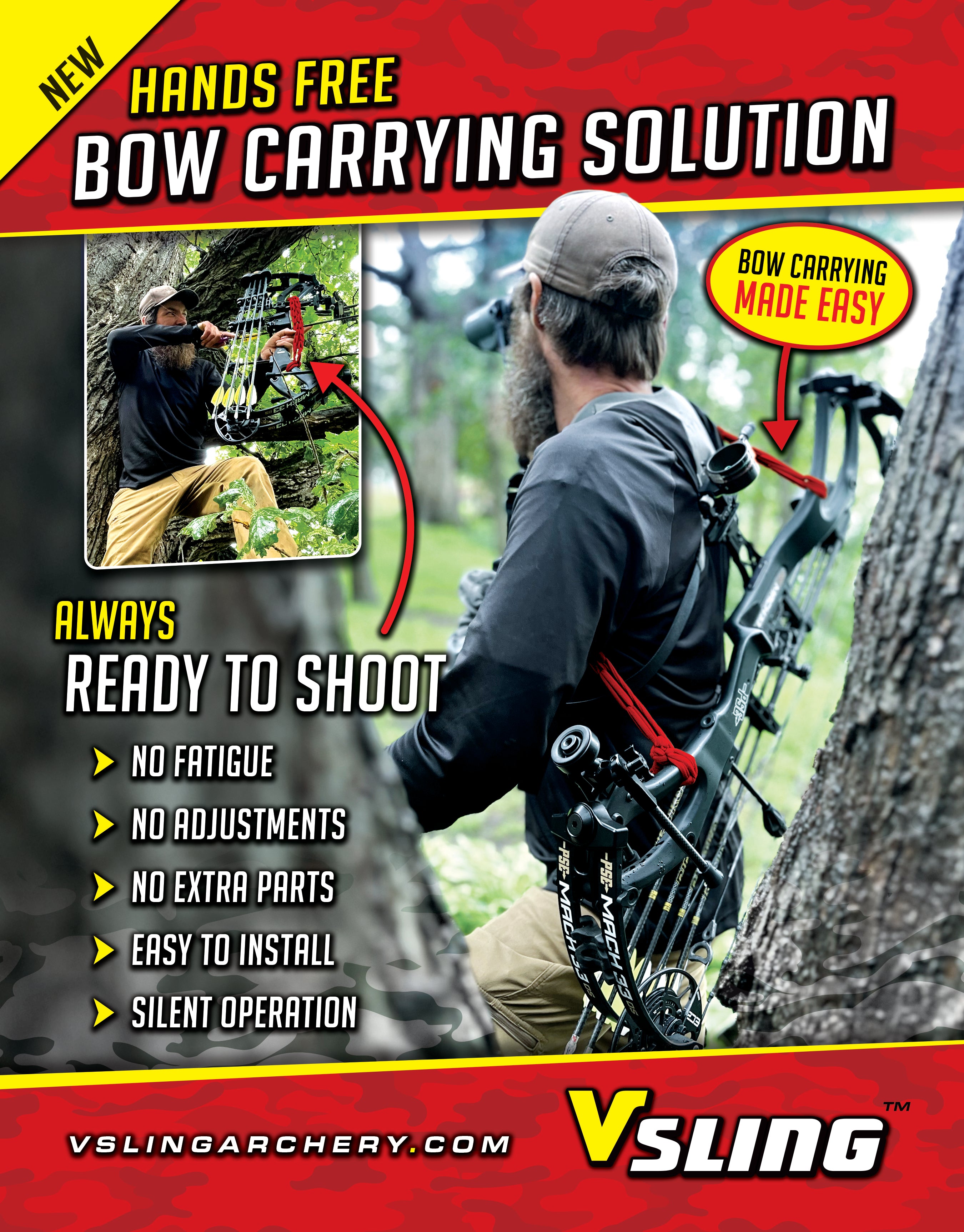 Advertisement for a hands-free bow carrying solution with a person using the product in a forest setting.
